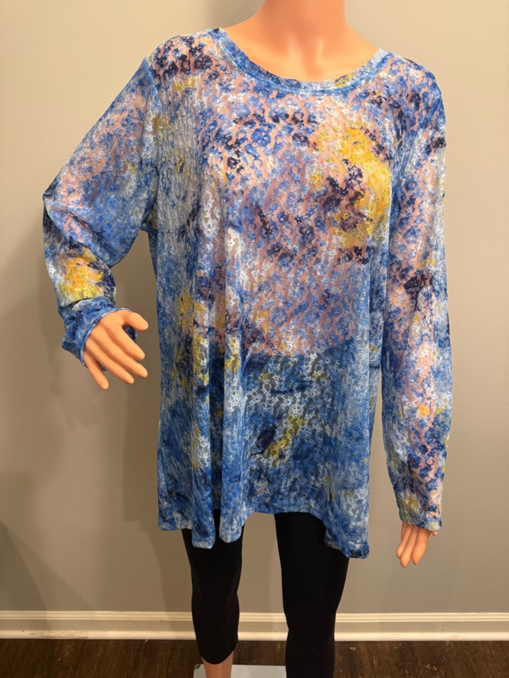 LOGO by Lori Goldstein Blue Printed Watercolor Sheer Lace Blouse LS NWOT 2XL